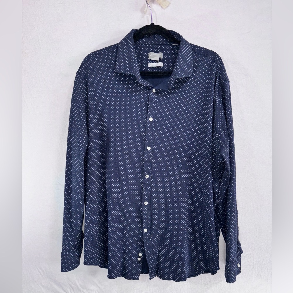 Michael Kors Men's Navy Blue Dotted Slim Fit Long Sleeves Button Down Shirt 2XL